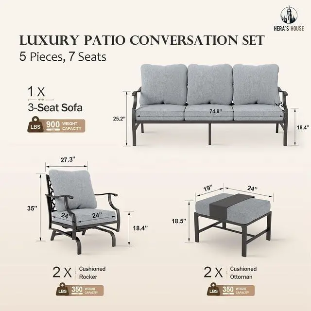 Alt view image 6 of 7 - HERA'S HOUSE 5-Piece Metal Wrought Iron Outdoor Conversation Set, 7 Seats | Gray Rocker + Ottoman, Single chairs could support up to 350lbs