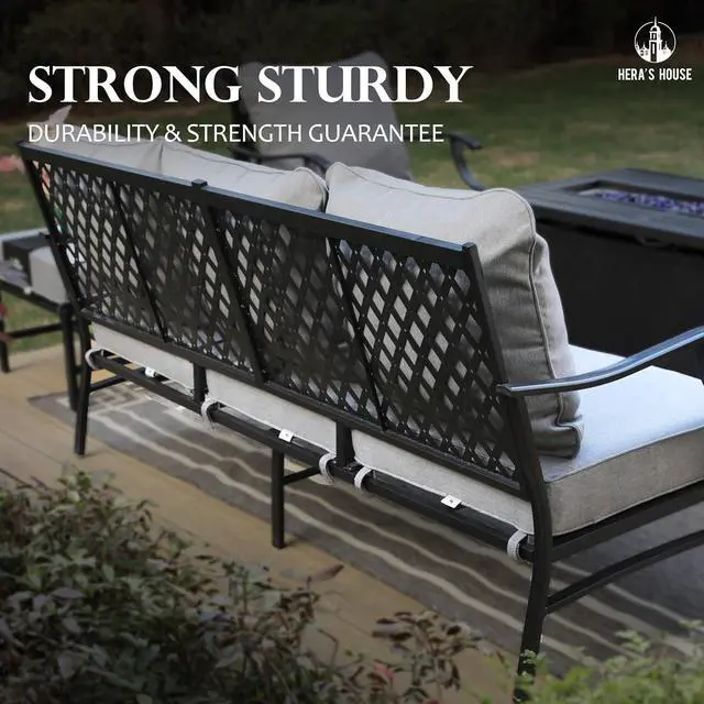 Alt view image 7 of 7 - HERA'S HOUSE 7-Piece Metal Patio Conversation Set, 9-Seat, Modular Design | Grey, 2 Ottomans, 1 3-Seat Sofa, Ottomans, All-Weather, For Garden, Deck, Backyard