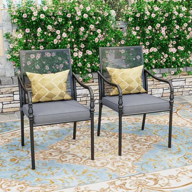 Main image of HERA'S HOUSE Patio Dining Chairs Set of 2, Wrought Iron, Mesh | Metal cushioned chairs with armrests. All-weather, rust-resistant, breathable for deck, porch, garden