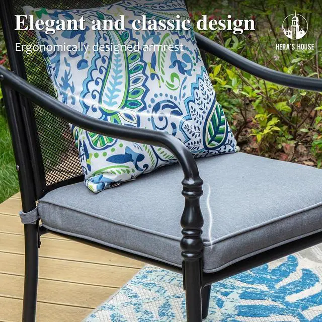 Alt view image 6 of 7 - HERA'S HOUSE Patio Dining Chairs Set of 4, Wrought Iron, Mesh | Metal cushioned chairs with armrests. All-weather, rust-resistant, breathable for deck, porch, garden