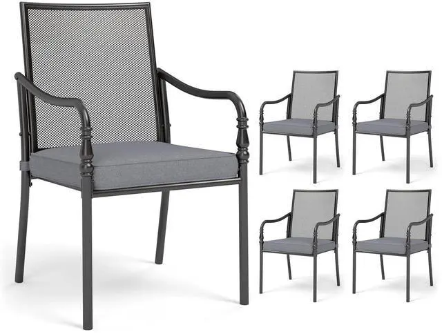 Main image of HERA'S HOUSE Patio Dining Chairs Set of 4, Wrought Iron, Mesh | Metal cushioned chairs with armrests. All-weather, rust-resistant, breathable for deck, porch, garden