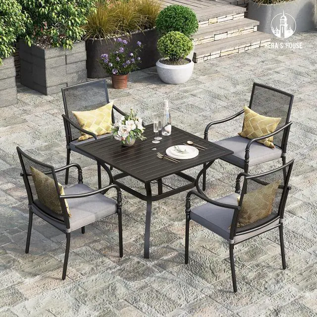 Alt view image 2 of 7 - HERA'S HOUSE Patio Dining Chairs Set of 4, Wrought Iron, Mesh | Metal cushioned chairs with armrests. All-weather, rust-resistant, breathable for deck, porch, garden