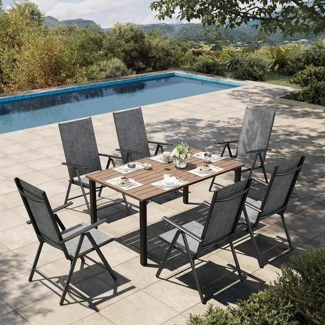 Main image of HERA'S HOUSE 7-Piece Outdoor Dining Set for 6, 60" Weather-Resistant Metal Patio Table with 6 Foldable Grey Chairs, Perfect for Garden, Backyard, Porch & Lawn (Space-Saving Design)