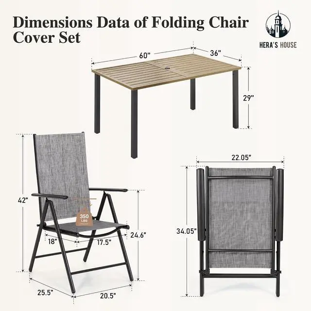 Alt view image 7 of 7 - HERA'S HOUSE 7-Piece Outdoor Dining Set for 6, 60" Weather-Resistant Metal Patio Table with 6 Foldable Grey Chairs, Perfect for Garden, Backyard, Porch & Lawn (Space-Saving Design)