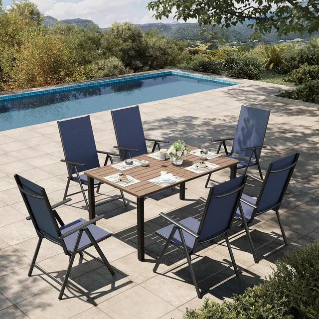 Main image of HERA'S HOUSE 7-Piece Outdoor Dining Set for 6, 60" Weather-Resistant Metal Patio Table with 6 Foldable Blue Chairs, Perfect for Garden, Backyard, Porch & Lawn (Space-Saving Design)