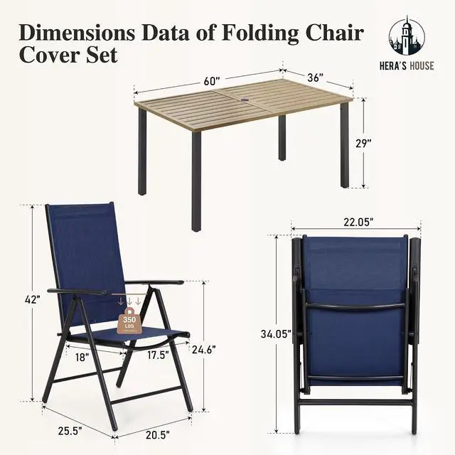 Alt view image 7 of 7 - HERA'S HOUSE 7-Piece Outdoor Dining Set for 6, 60" Weather-Resistant Metal Patio Table with 6 Foldable Blue Chairs, Perfect for Garden, Backyard, Porch & Lawn (Space-Saving Design)