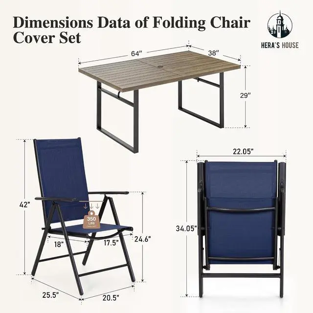 Alt view image 7 of 7 - HERA'S HOUSE 7-Piece Outdoor Dining Set for 6, 64" Weather-Resistant Metal Patio Table with 6 Foldable Blue Chairs, Perfect for Garden, Backyard, Porch & Lawn (Space-Saving Design)