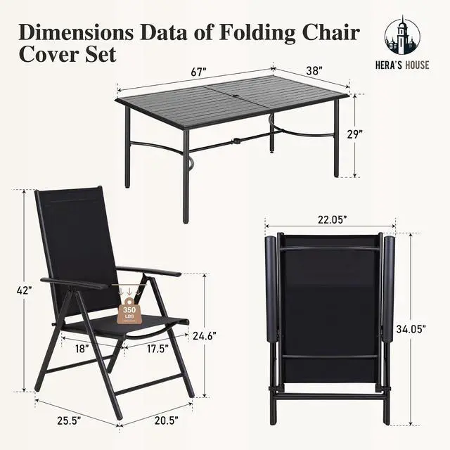 Alt view image 5 of 7 - HERA'S HOUSE 7-Piece Outdoor Dining Set for 6, 67" Weather-Resistant Metal Patio Table with 6 Foldable Black Chairs, Perfect for Garden, Backyard, Porch & Lawn (Space-Saving Design)