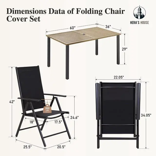 Alt view image 7 of 7 - HERA'S HOUSE 7-Piece Outdoor Dining Set for 6, 60" Weather-Resistant Metal Patio Table with 6 Foldable Black Chairs, Perfect for Garden, Backyard, Porch & Lawn (Space-Saving Design)