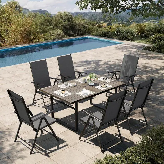 Main image of HERA'S HOUSE 7-Piece Outdoor Dining Set for 6, 64" Weather-Resistant Metal Patio Table with 6 Foldable Black Chairs, Perfect for Garden, Backyard, Porch & Lawn (Space-Saving Design)