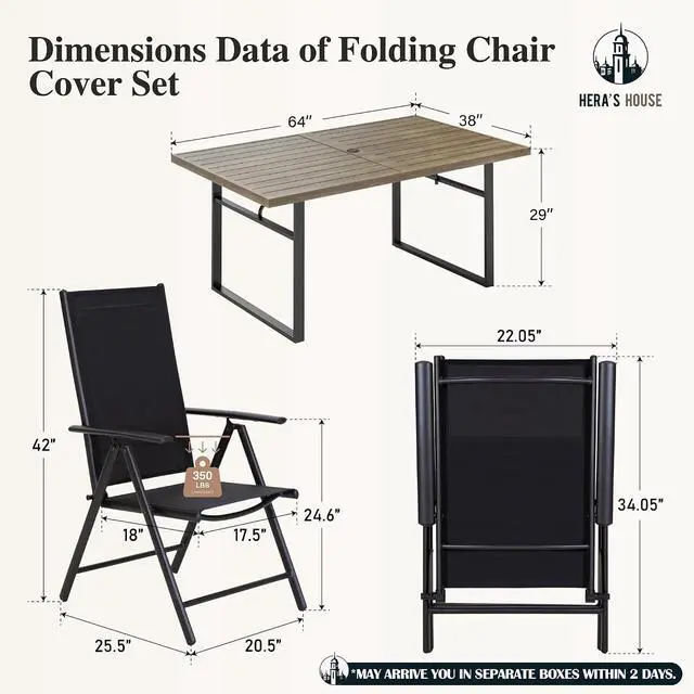 Alt view image 7 of 7 - HERA'S HOUSE 7-Piece Outdoor Dining Set for 6, 64" Weather-Resistant Metal Patio Table with 6 Foldable Black Chairs, Perfect for Garden, Backyard, Porch & Lawn (Space-Saving Design)