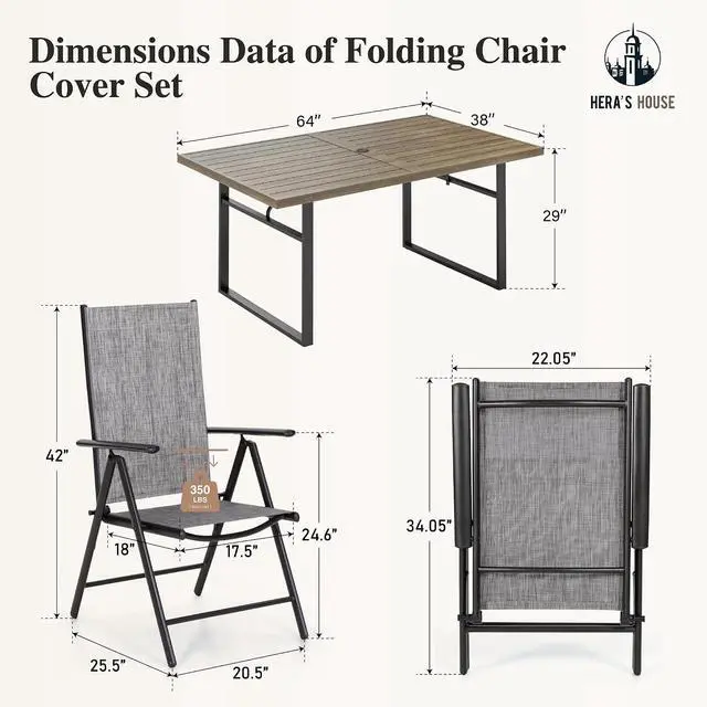 Alt view image 7 of 7 - HERA'S HOUSE 7-Piece Outdoor Dining Set for 6, 64" Weather-Resistant Metal Patio Table with 6 Foldable Grey Chairs, Perfect for Garden, Backyard, Porch & Lawn (Space-Saving Design)