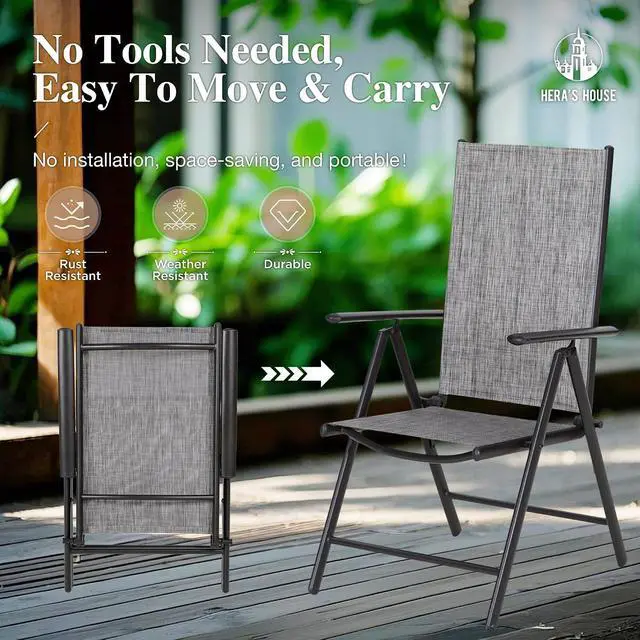 Alt view image 4 of 7 - HERA'S HOUSE 7-Piece Outdoor Dining Set for 6, 60" Weather-Resistant Metal Patio Table with 6 Foldable Grey Chairs, Perfect for Garden, Backyard, Porch & Lawn (Space-Saving Design)