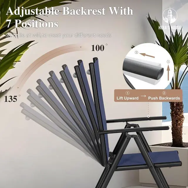 Alt view image 2 of 7 - HERA'S HOUSE 7-Piece Outdoor Dining Set for 6, 64" Weather-Resistant Metal Patio Table with 6 Foldable Blue Chairs, Perfect for Garden, Backyard, Porch & Lawn (Space-Saving Design)