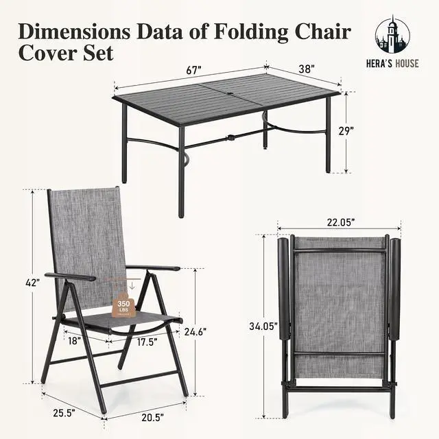 Alt view image 7 of 7 - HERA'S HOUSE 7-Piece Outdoor Dining Set for 6, 67" Weather-Resistant Metal Patio Table with 6 Foldable Grey Chairs, Perfect for Garden, Backyard, Porch & Lawn (Space-Saving Design)