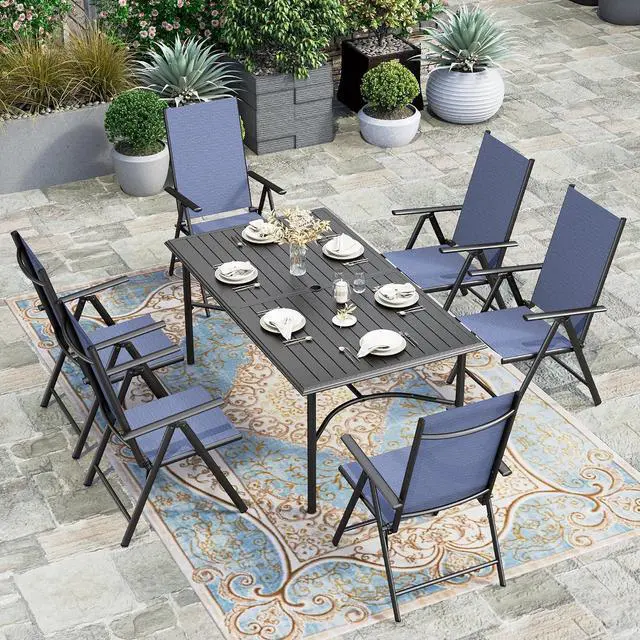 Main image of HERA'S HOUSE 7-Piece Outdoor Dining Set for 6, 67" Weather-Resistant Metal Patio Table with 6 Foldable Blue Chairs, Perfect for Garden, Backyard, Porch & Lawn (Space-Saving Design)