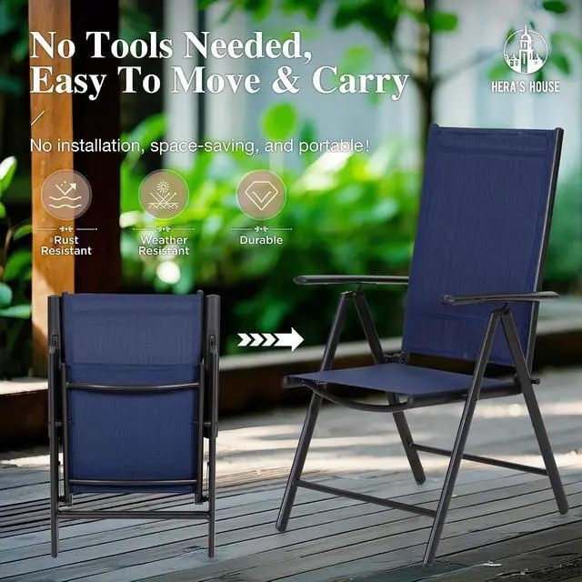 Alt view image 4 of 7 - HERA'S HOUSE 7-Piece Outdoor Dining Set for 6, 64" Weather-Resistant Metal Patio Table with 6 Foldable Blue Chairs, Perfect for Garden, Backyard, Porch & Lawn (Space-Saving Design)
