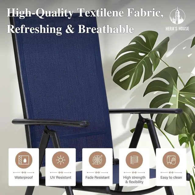 Alt view image 6 of 7 - HERA'S HOUSE 7-Piece Outdoor Dining Set for 6, 64" Weather-Resistant Metal Patio Table with 6 Foldable Blue Chairs, Perfect for Garden, Backyard, Porch & Lawn (Space-Saving Design)