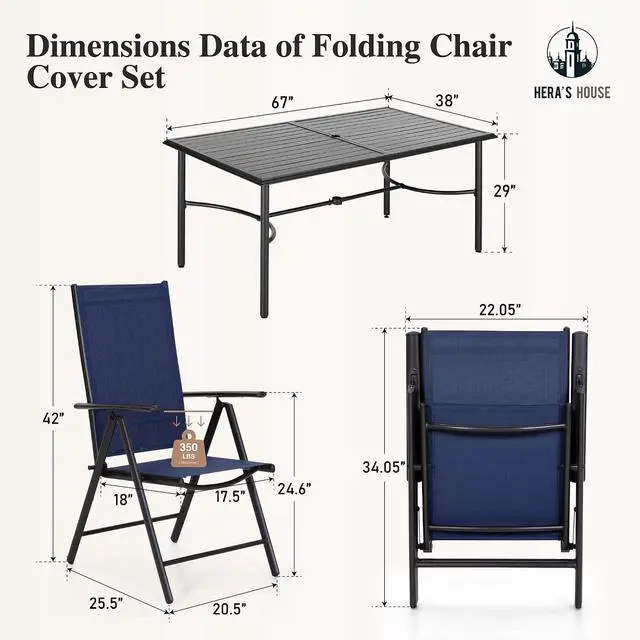 Alt view image 4 of 7 - HERA'S HOUSE 7-Piece Outdoor Dining Set for 6, 67" Weather-Resistant Metal Patio Table with 6 Foldable Blue Chairs, Perfect for Garden, Backyard, Porch & Lawn (Space-Saving Design)