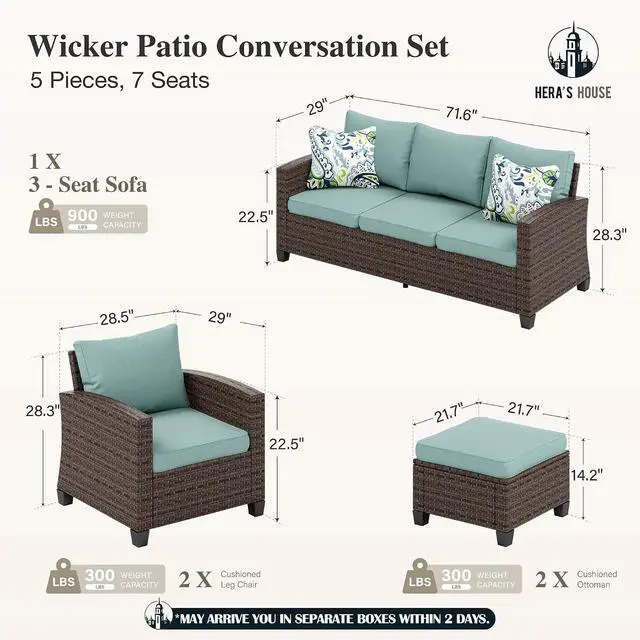 Alt view image 6 of 7 - HERA'S HOUSE Wicker Patio Furniture Set, 5 Pieces Outdoor Furniture Set, Deep Seating Patio Conversation Sofa Sets for Lawn Deck Backyard, Blue