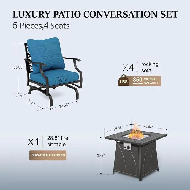 Alt view image 6 of 6 - HERA'S HOUSE 5 PCS Patio Furniture Set with Fire Pit Table, 000 BTU | 4 Seats Size, Pacific Blue Rocking Chair Color, Contemporary Style, 28, ROCKING 27