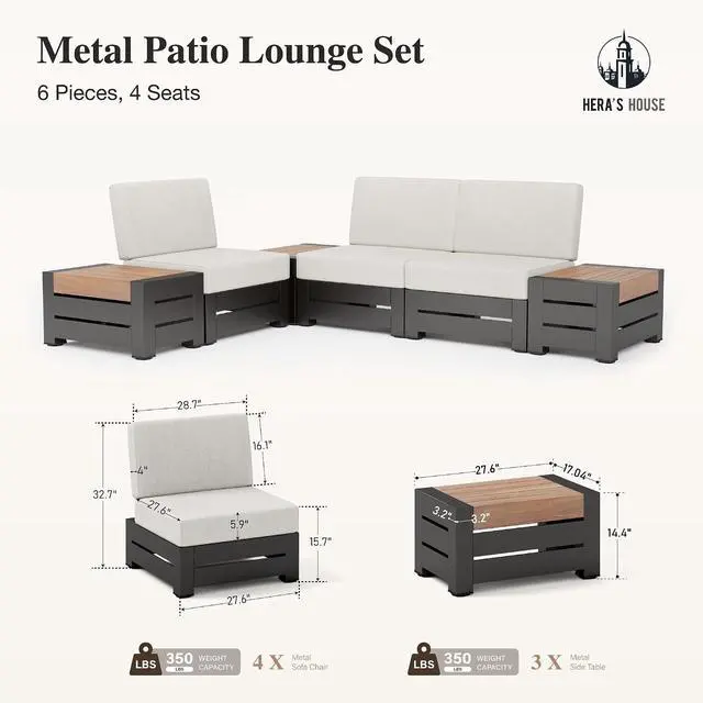 Alt view image 2 of 7 - HERA'S HOUSE 6-Piece Patio Sectional Set, Modular Design | All-Weather, Waterproof Cushions, 28-Inch Coffee Table, For Garden, Deck, Backyard