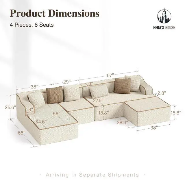 Alt view image 2 of 7 - HERA'S HOUSE 134" U Shaped Sectional Boneless Couch with Ottoman | Large Living Room Cloud Couch, Corduroy Modular Sofa with Wide Armrest and 6 Pillows, No Assembly, Beige