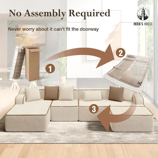 Alt view image 3 of 7 - HERA'S HOUSE 134" U Shaped Sectional Boneless Couch with Ottoman | Large Living Room Cloud Couch, Corduroy Modular Sofa with Wide Armrest and 6 Pillows, No Assembly, Beige