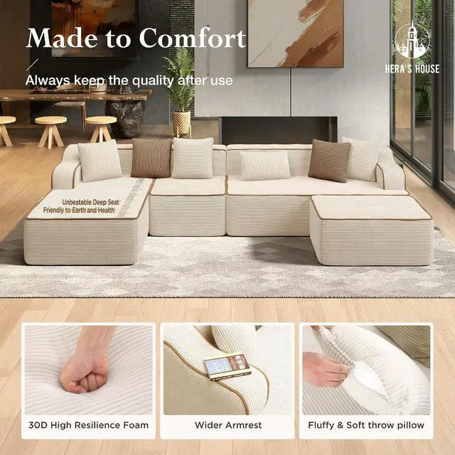 Alt view image 4 of 7 - HERA'S HOUSE 134" U Shaped Sectional Boneless Couch with Ottoman | Large Living Room Cloud Couch, Corduroy Modular Sofa with Wide Armrest and 6 Pillows, No Assembly, Beige