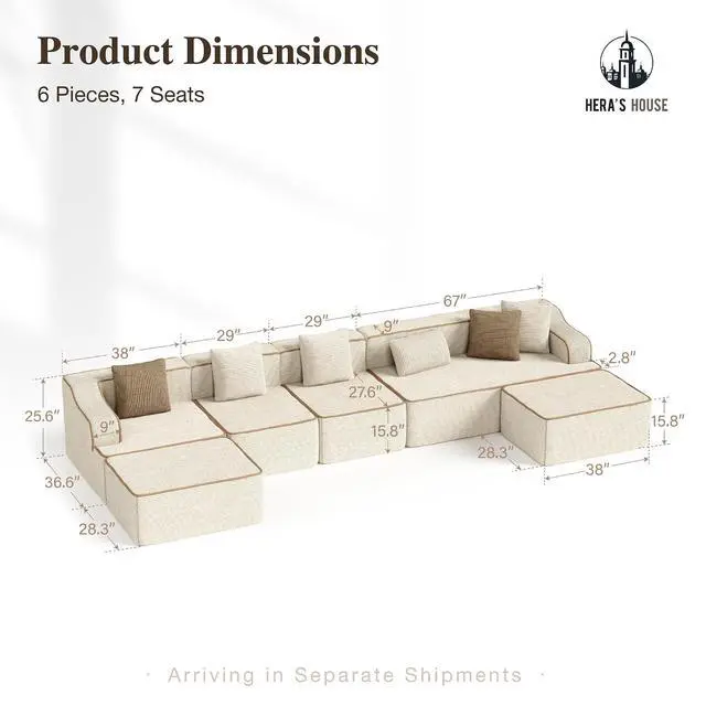 Alt view image 2 of 7 - HERA'S HOUSE 163" U Shaped Sectional Boneless Couch with Ottoman | Oversized Living Room Cloud Couch, Corduroy Modular Sofa with 6 Pillows, No Assembly, Beige