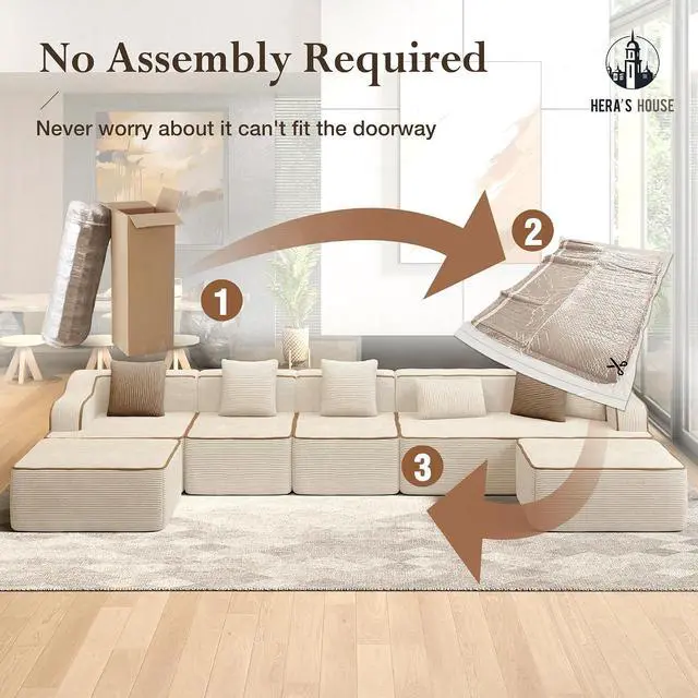 Alt view image 3 of 7 - HERA'S HOUSE 163" U Shaped Sectional Boneless Couch with Ottoman | Oversized Living Room Cloud Couch, Corduroy Modular Sofa with 6 Pillows, No Assembly, Beige