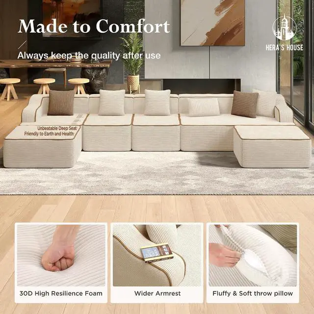 Alt view image 4 of 7 - HERA'S HOUSE 163" U Shaped Sectional Boneless Couch with Ottoman | Oversized Living Room Cloud Couch, Corduroy Modular Sofa with 6 Pillows, No Assembly, Beige