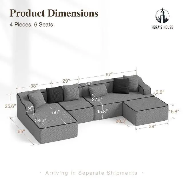 Alt view image 2 of 7 - HERA'S HOUSE 134" U Shaped Sectional Boneless Couch with Ottoman | Large Living Room Cloud Couch, Corduroy Modular Sofa with Wide Armrest and 6 Pillows, No Assembly, Grey