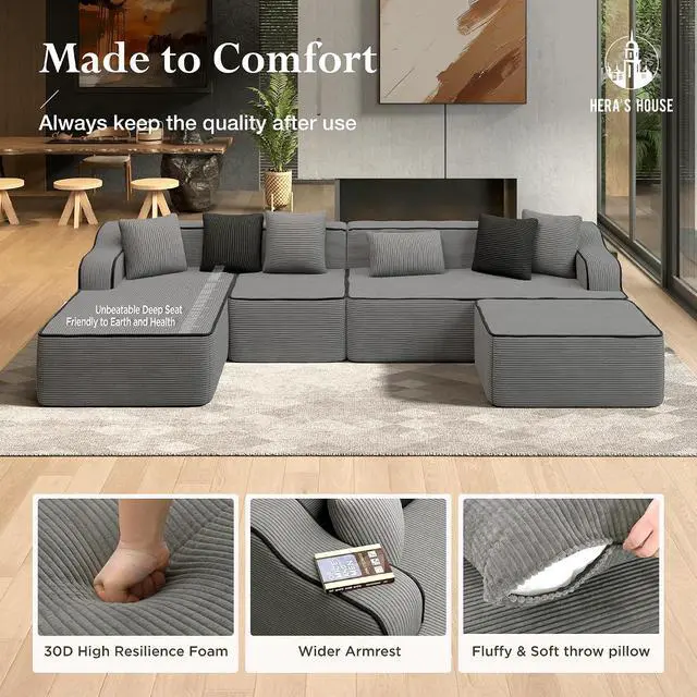 Alt view image 4 of 7 - HERA'S HOUSE 134" U Shaped Sectional Boneless Couch with Ottoman | Large Living Room Cloud Couch, Corduroy Modular Sofa with Wide Armrest and 6 Pillows, No Assembly, Grey