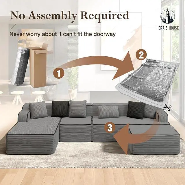 Alt view image 3 of 7 - HERA'S HOUSE 134" U Shaped Sectional Boneless Couch with Ottoman | Large Living Room Cloud Couch, Corduroy Modular Sofa with Wide Armrest and 6 Pillows, No Assembly, Grey