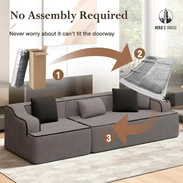 Alt view image 3 of 7 - HERA'S HOUSE 105" Modular Sectional Sofa, Living Room Cloud Couch, Corduroy Sectional with Wide Armrest and 4 Pillows, No Assembly, Grey