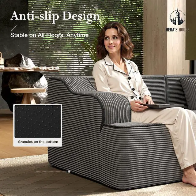 Alt view image 6 of 7 - HERA'S HOUSE 105" Modular Sectional Sofa, Living Room Cloud Couch, Corduroy Sectional with Wide Armrest and 4 Pillows, No Assembly, Grey