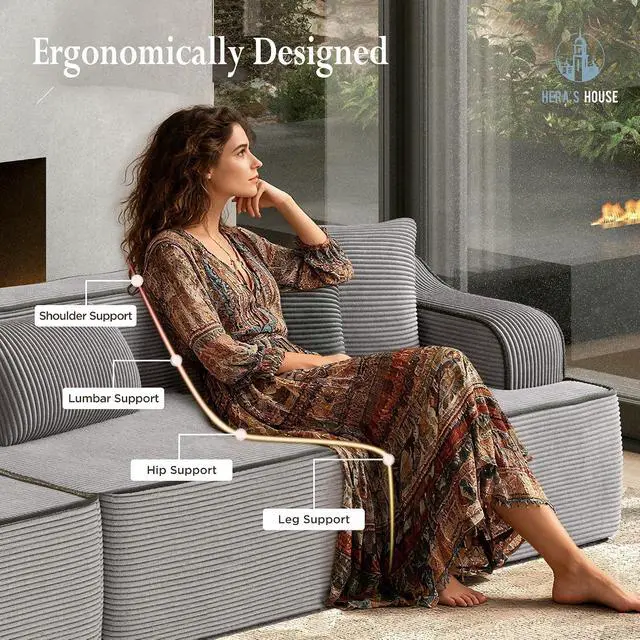 Alt view image 5 of 7 - HERA'S HOUSE 105" Modular Sectional Sofa, Living Room Cloud Couch, Corduroy Sectional with Wide Armrest and 4 Pillows, No Assembly, Grey