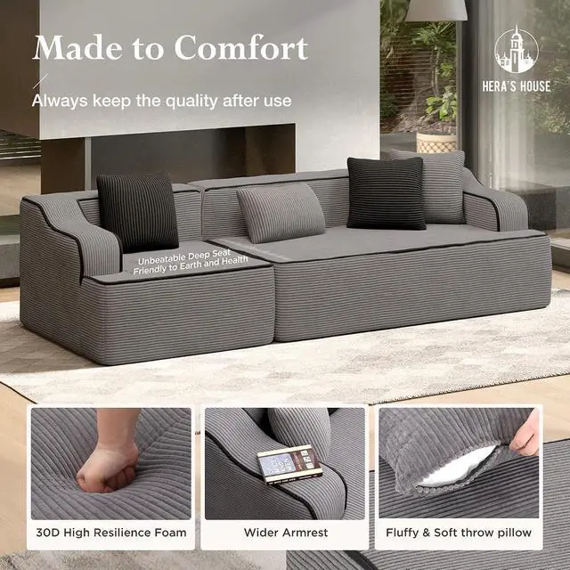 Alt view image 4 of 7 - HERA'S HOUSE 105" Modular Sectional Sofa, Living Room Cloud Couch, Corduroy Sectional with Wide Armrest and 4 Pillows, No Assembly, Grey