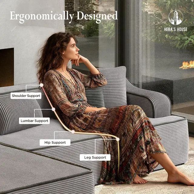 Alt view image 5 of 7 - HERA'S HOUSE 134" U Shaped Sectional Boneless Couch with Ottoman | Large Living Room Cloud Couch, Corduroy Modular Sofa with Wide Armrest and 6 Pillows, No Assembly, Grey