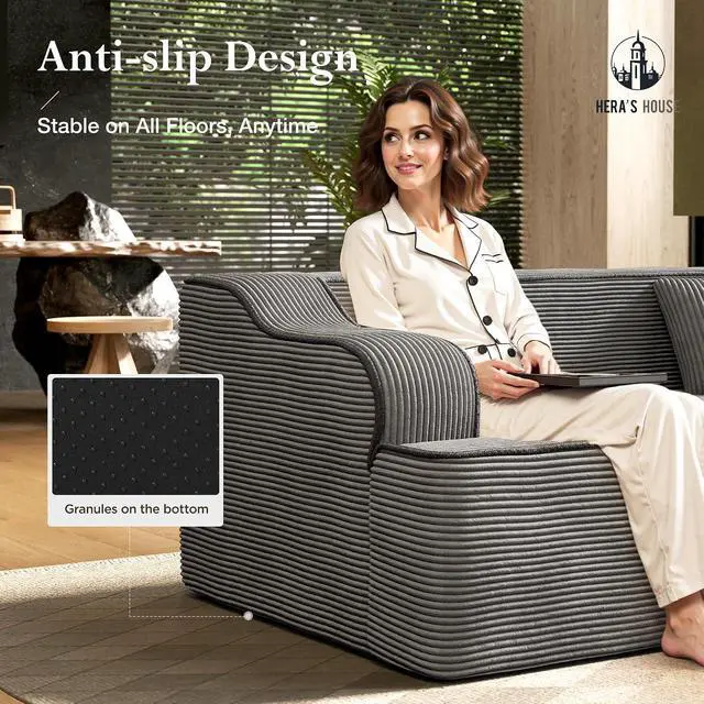 Alt view image 6 of 7 - HERA'S HOUSE 134" U Shaped Sectional Boneless Couch with Ottoman | Large Living Room Cloud Couch, Corduroy Modular Sofa with Wide Armrest and 6 Pillows, No Assembly, Grey