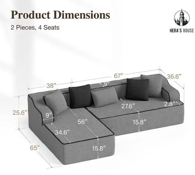 Alt view image 2 of 7 - HERA'S HOUSE 105" L Shaped Sectional with Chaise, Living Room Cloud Couch, Corduroy Modular Sofa with Wide Armrest and 5 Pillows, No Assembly, Grey