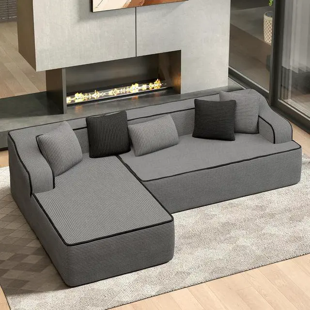 Main image of HERA'S HOUSE 105" L Shaped Sectional with Chaise, Living Room Cloud Couch, Corduroy Modular Sofa with Wide Armrest and 5 Pillows, No Assembly, Grey