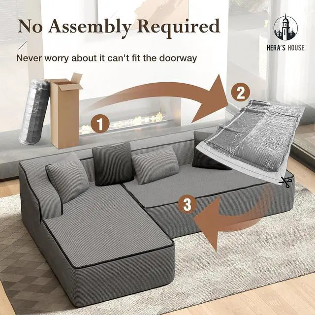 Alt view image 3 of 7 - HERA'S HOUSE 105" L Shaped Sectional with Chaise, Living Room Cloud Couch, Corduroy Modular Sofa with Wide Armrest and 5 Pillows, No Assembly, Grey