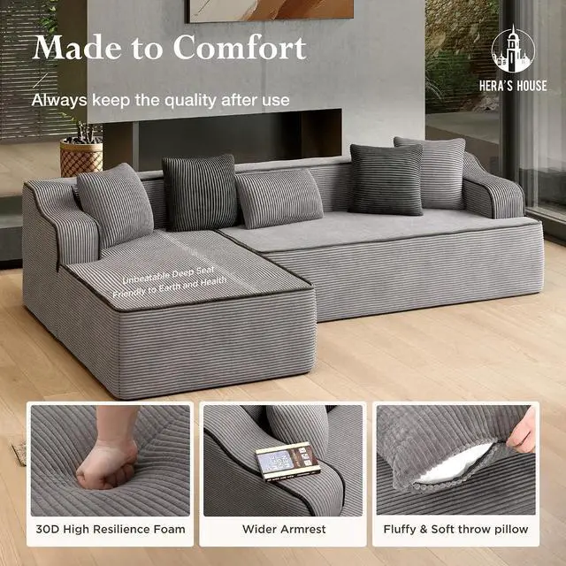 Alt view image 4 of 7 - HERA'S HOUSE 105" L Shaped Sectional with Chaise, Living Room Cloud Couch, Corduroy Modular Sofa with Wide Armrest and 5 Pillows, No Assembly, Grey