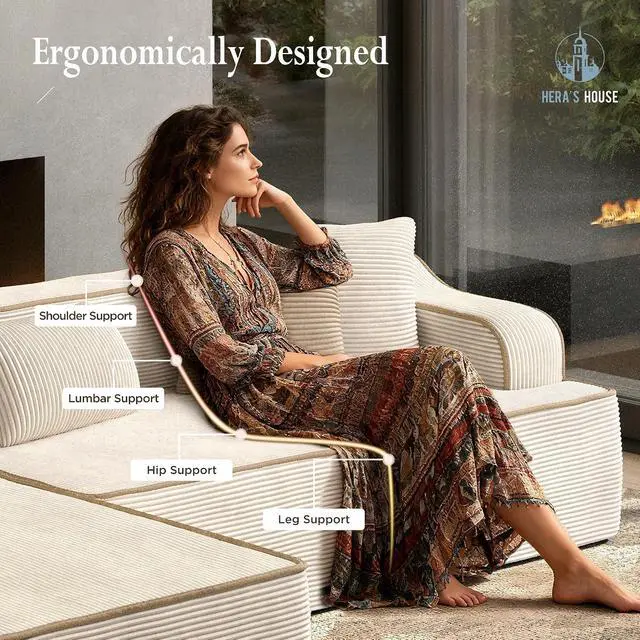 Alt view image 5 of 7 - HERA'S HOUSE 163" U Shaped Sectional Boneless Couch with Ottoman | Oversized Living Room Cloud Couch, Corduroy Modular Sofa with 6 Pillows, No Assembly, Beige
