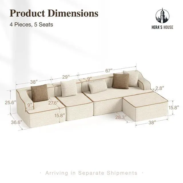 Alt view image 2 of 7 - HERA'S HOUSE 134" L Shaped Sectional Boneless Couch with Ottoman | Large Living Room Cloud Couch, Corduroy Modular Sofa with Wide Armrest and 5 Pillows, No Assembly, Beige