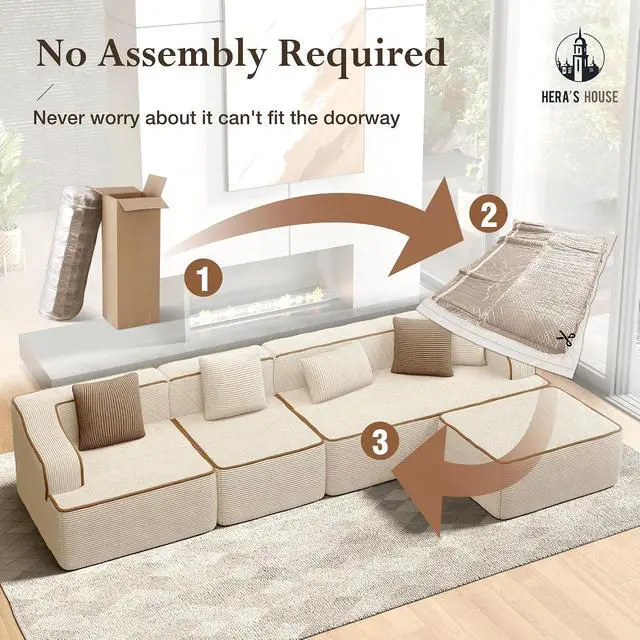 Alt view image 3 of 7 - HERA'S HOUSE 134" L Shaped Sectional Boneless Couch with Ottoman | Large Living Room Cloud Couch, Corduroy Modular Sofa with Wide Armrest and 5 Pillows, No Assembly, Beige