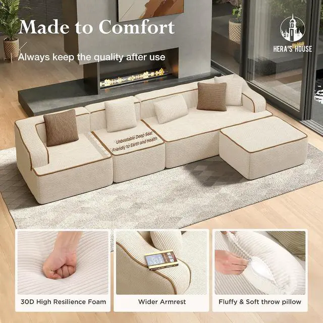 Alt view image 4 of 7 - HERA'S HOUSE 134" L Shaped Sectional Boneless Couch with Ottoman | Large Living Room Cloud Couch, Corduroy Modular Sofa with Wide Armrest and 5 Pillows, No Assembly, Beige