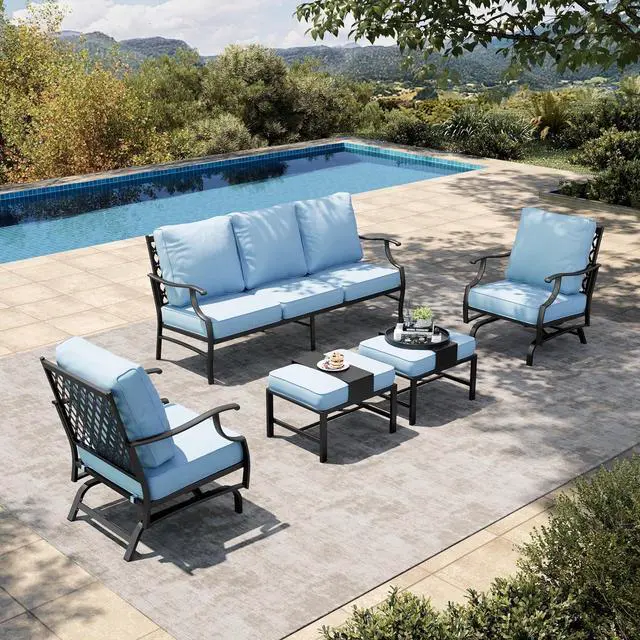 Main image of HERA'S HOUSE 5-Piece Metal Wrought Iron Outdoor Conversation Set, 7 Seats | Blue Rocker + Ottoman, Single chairs could support up to 350lbs